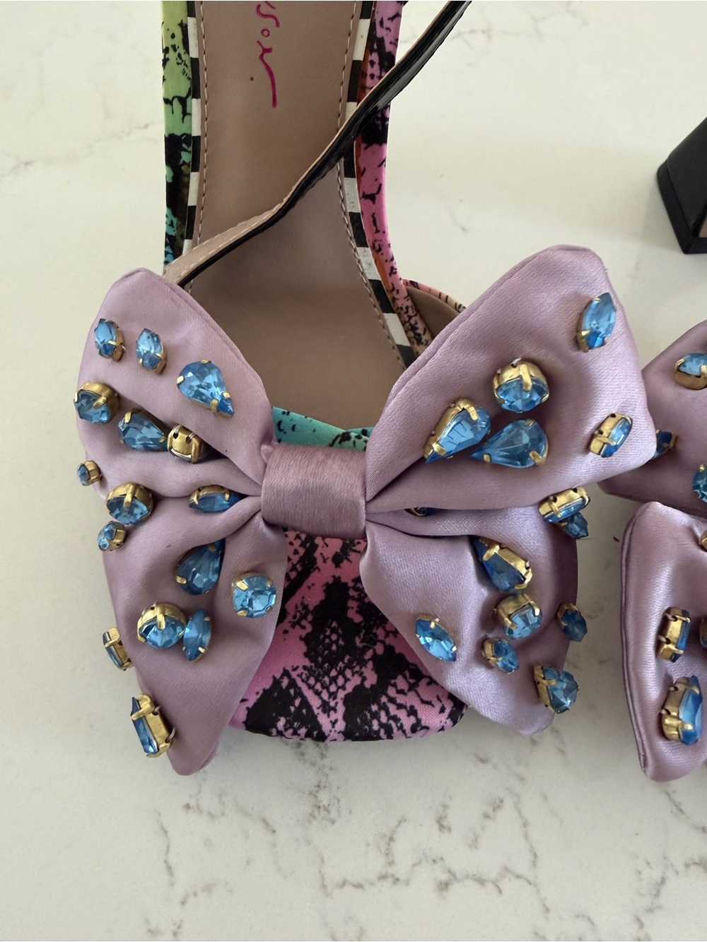 Betsey Johnson Embellished Bow Block Heel Sandals | Pink Multi | Size 7M - Picture 4 of 7
